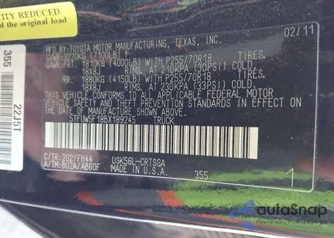 2011 Toyota Tundra Grade 5.7L V8 from USA, damaged, VIN 5TFUW5F18BX189245